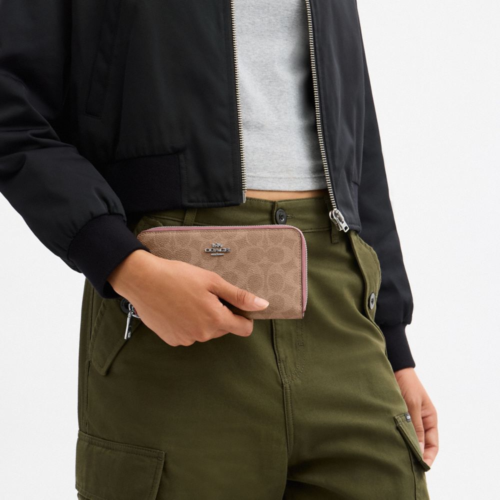 Coach Long Zip Around Wallet With Detachable Card Case In Signature Canvas Sv Tan Dusty Pink