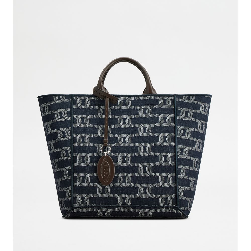 Tods Double Up Shopping Bag In Denim And Leather Medium Blue Brown