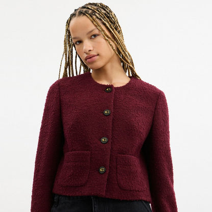 Coach Boucle Cardigan Jacket Burgundy