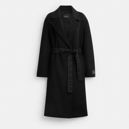 Coach Belted Wool Long Coat Black