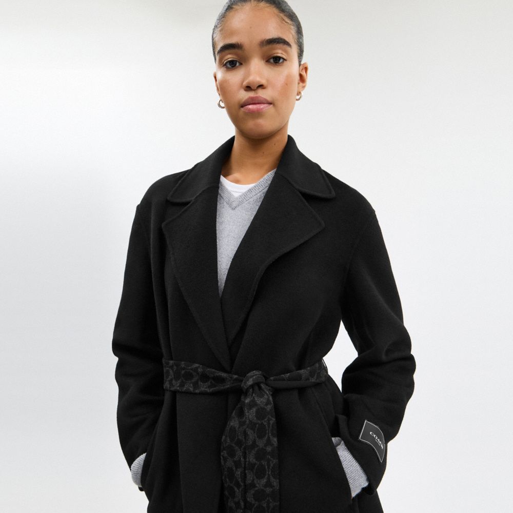 Coach Belted Wool Long Coat Black