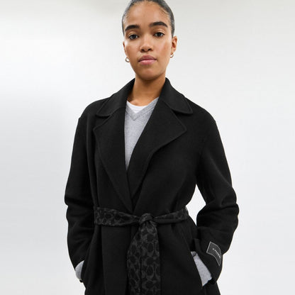 Coach Belted Wool Long Coat Black