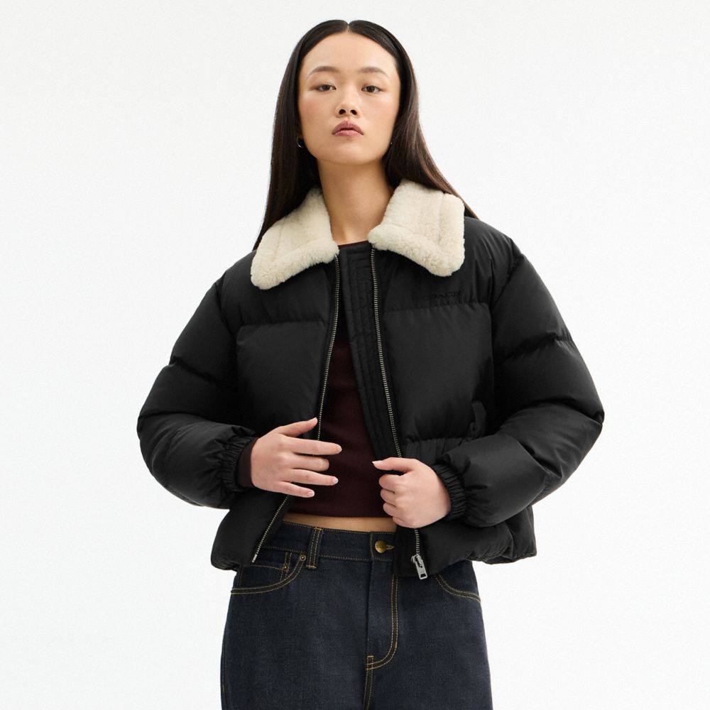 Coach Puffer With Shearling Collar Black