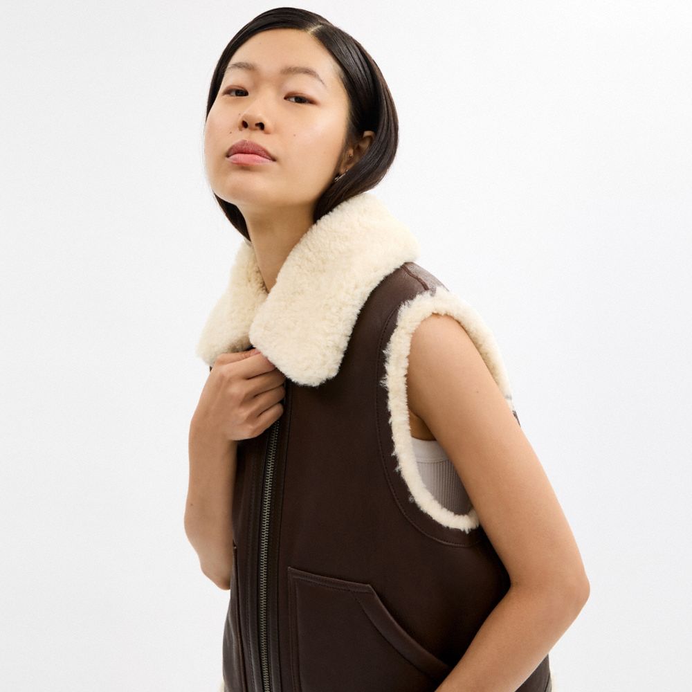 Coach Reversible Shearling Vest Hickory