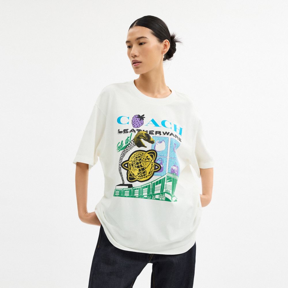 Coach Collage Train Relaxed T Shirt In Organic Cotton Vintage Ivory