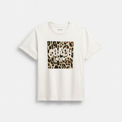 Coach Leopard Signature Square Classic T Shirt In Organic Cotton White