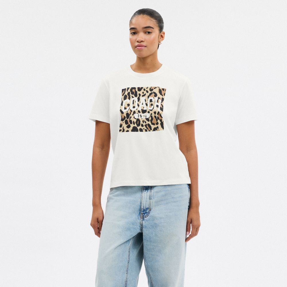 Coach Leopard Signature Square Classic T Shirt In Organic Cotton White