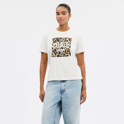 Coach Leopard Signature Square Classic T Shirt In Organic Cotton White