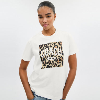 Coach Leopard Signature Square Classic T Shirt In Organic Cotton White