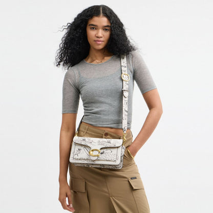 Coach Coach X Peanuts Tabby Shoulder Bag 26 With Newspaper Print Brass Chalk Multi