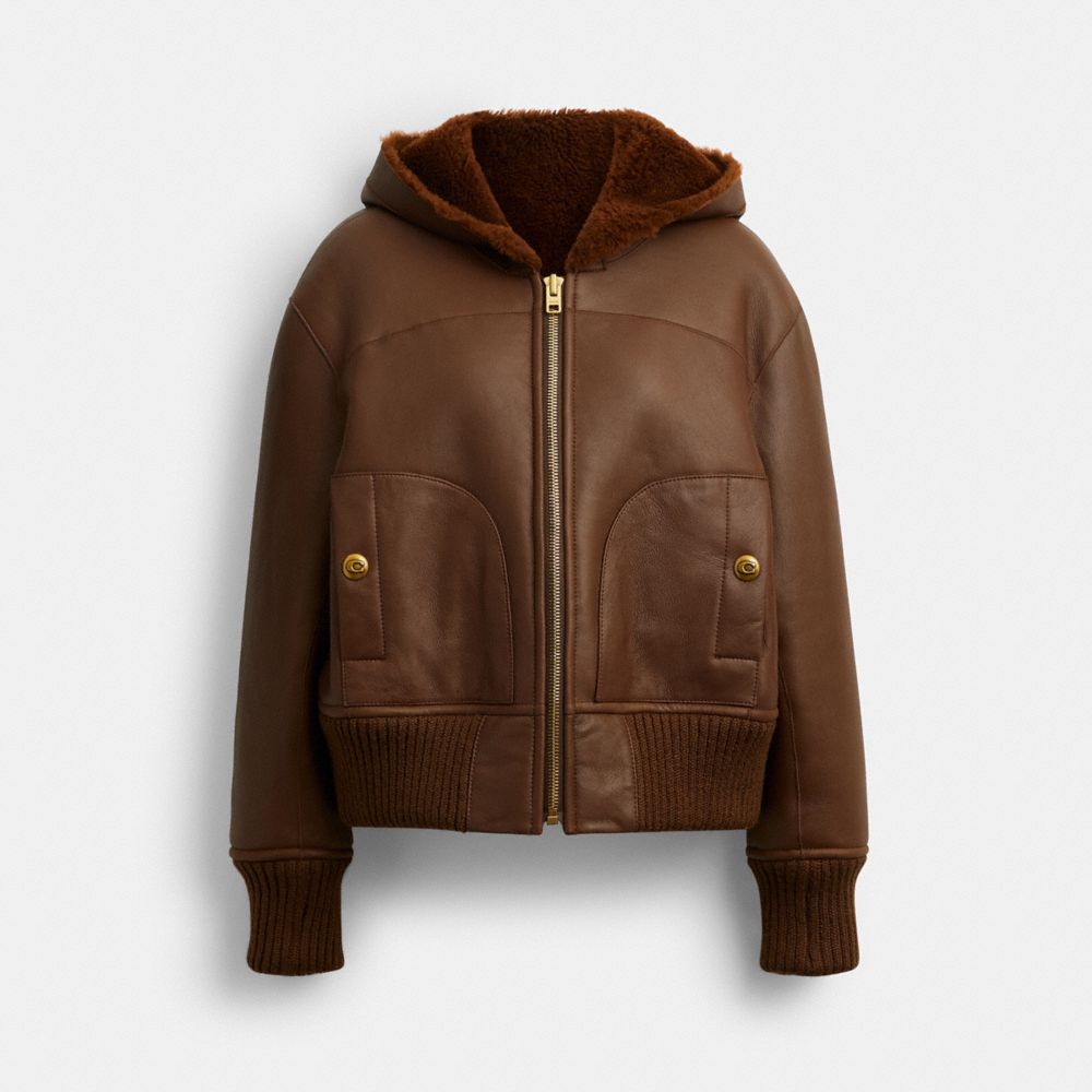 Coach Reversible Shearling Hoodie Brown