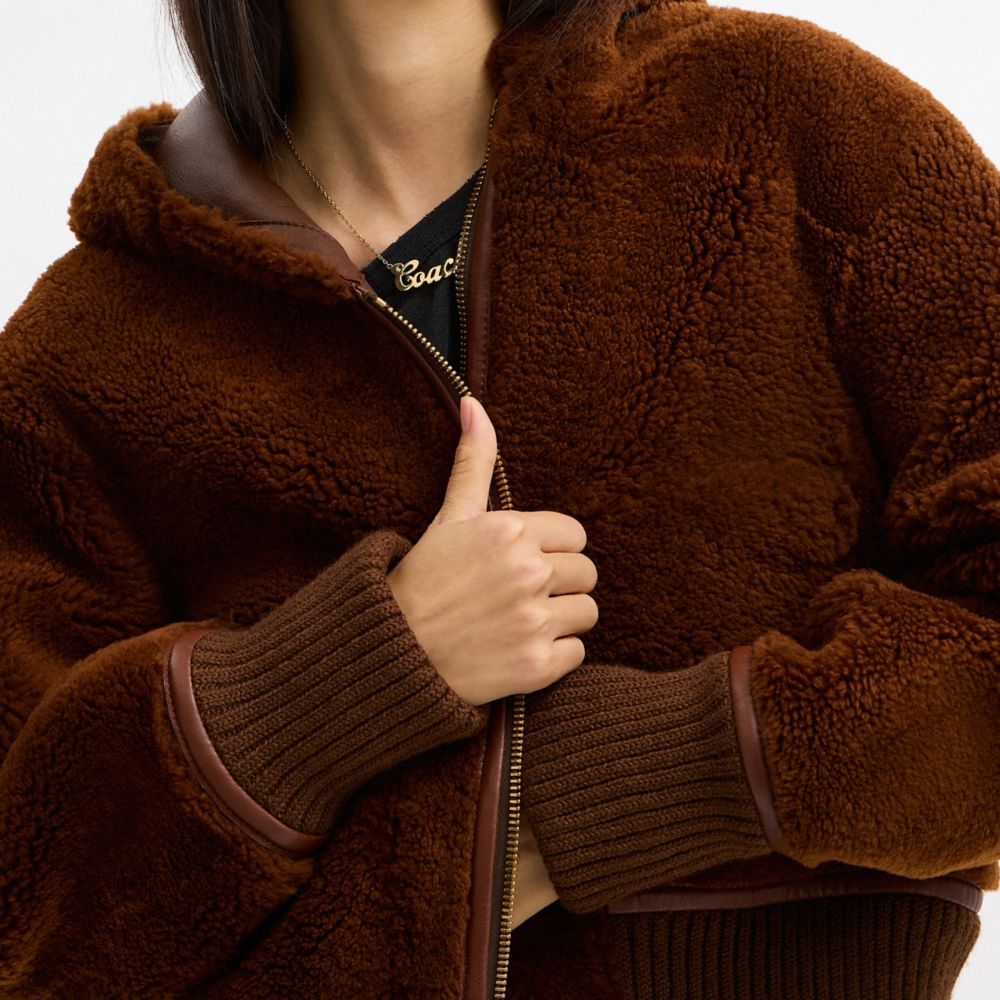 Coach Reversible Shearling Hoodie Brown