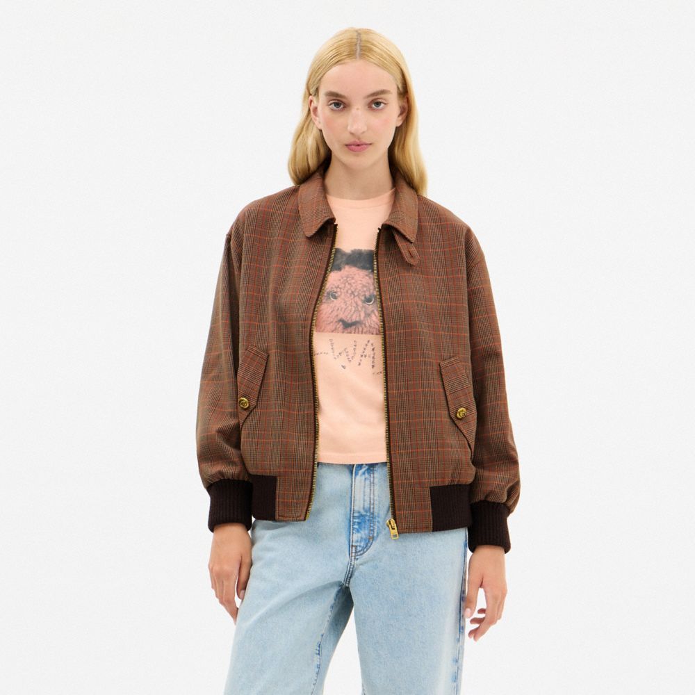 Coach Wool Blouson Jacket Orange Pink Plaid