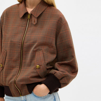 Coach Wool Blouson Jacket Orange Pink Plaid