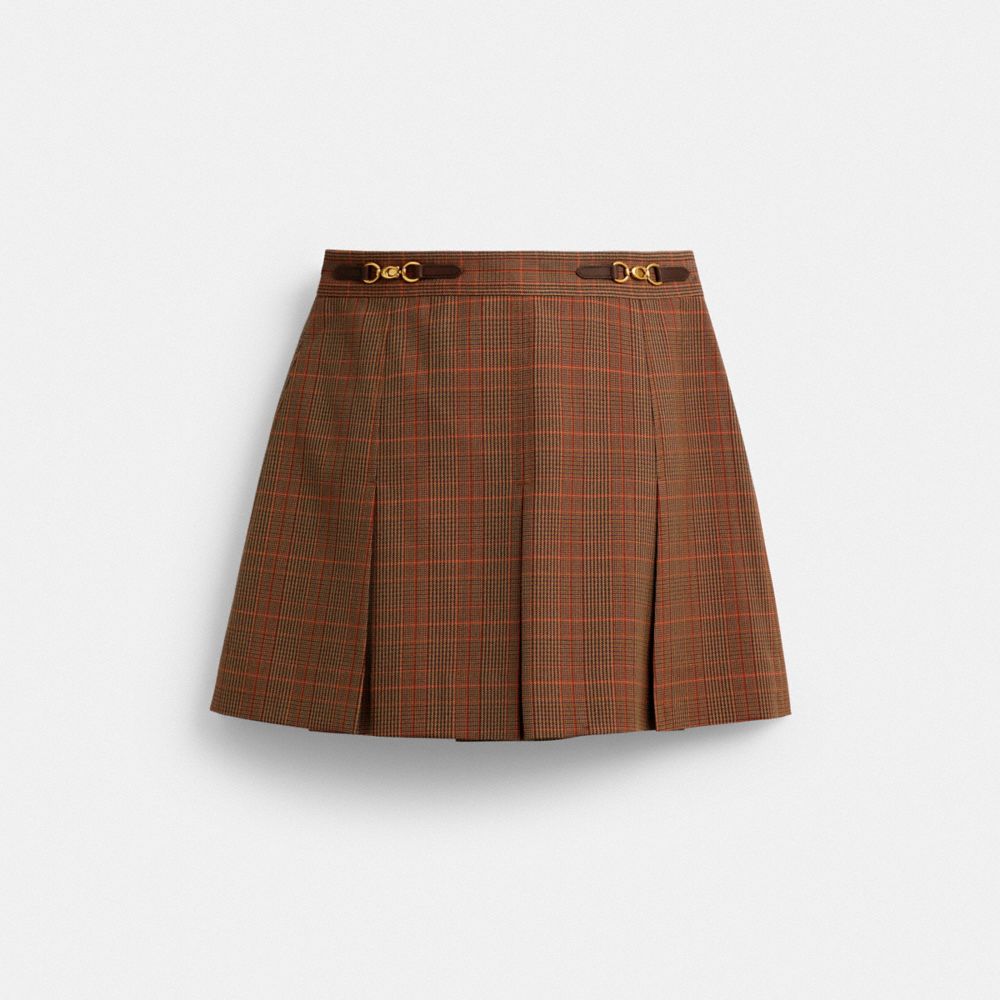 Coach Sculpted C Plaid Pleated Skirt Orange Pink Plaid