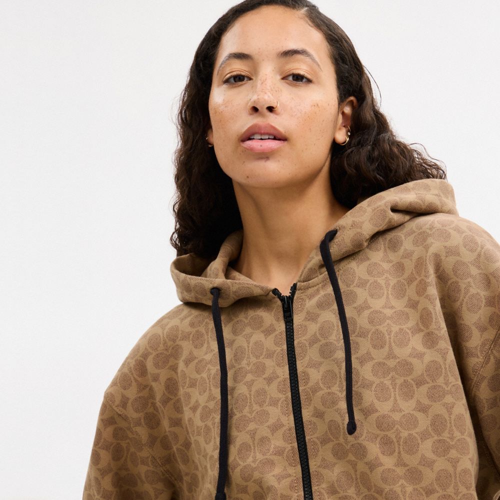 Coach All Over Signature Zip Hoodie In Organic Cotton Tan Signature