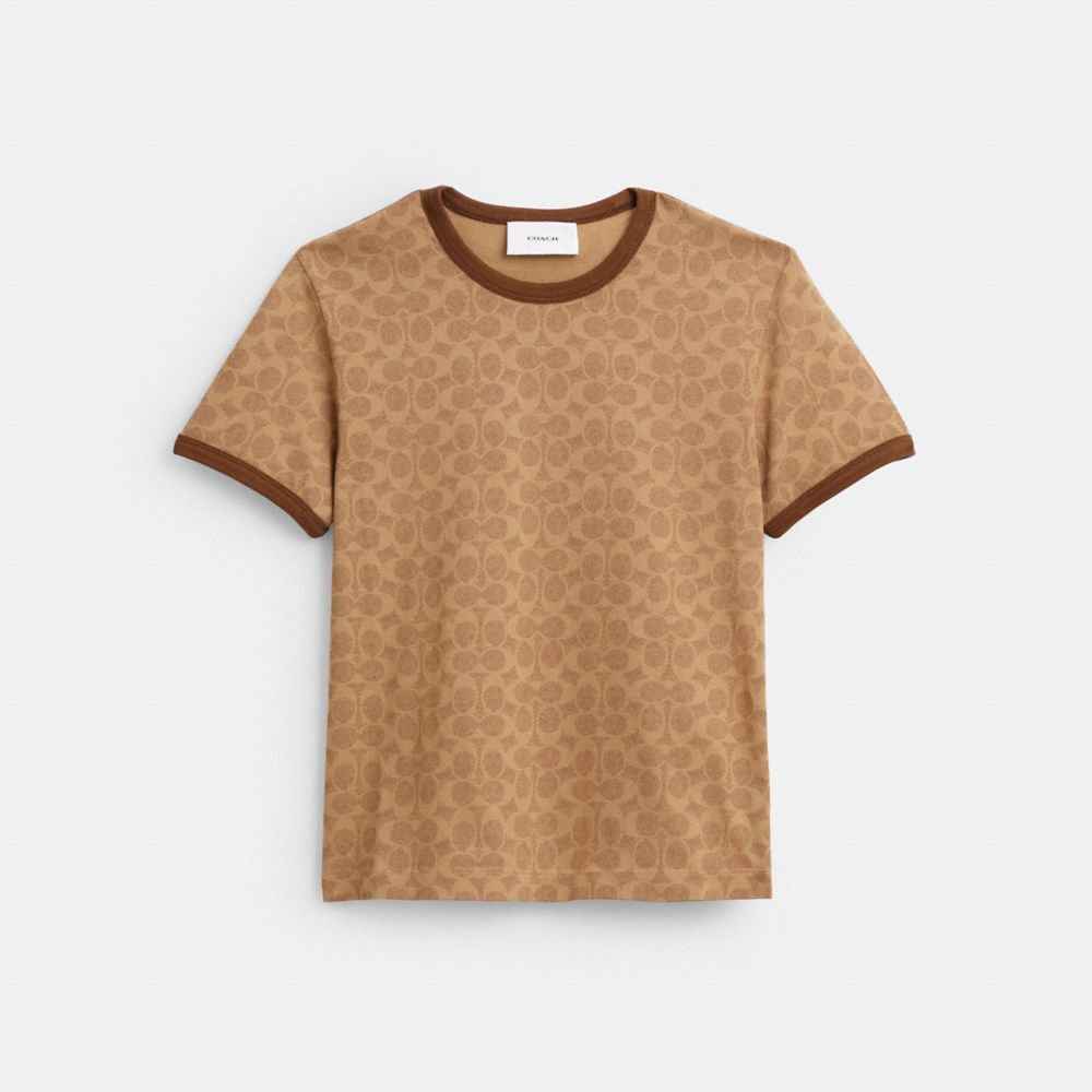 Coach Signature Ringer T Shirt In Organic Cotton Tan Signature