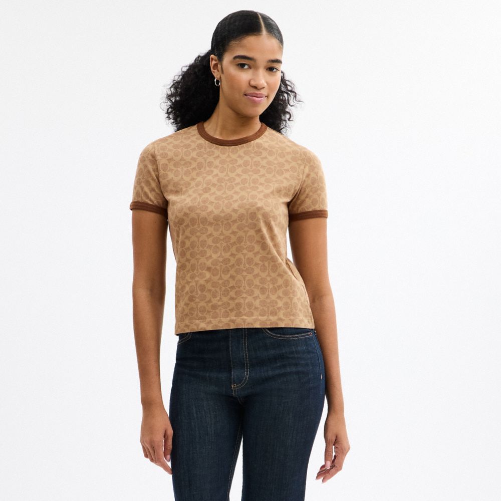 Coach Signature Ringer T Shirt In Organic Cotton Tan Signature