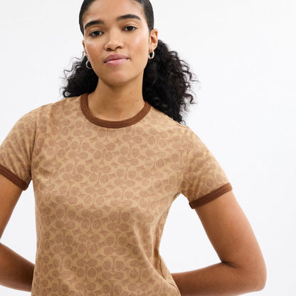 Coach Signature Ringer T Shirt In Organic Cotton Tan Signature
