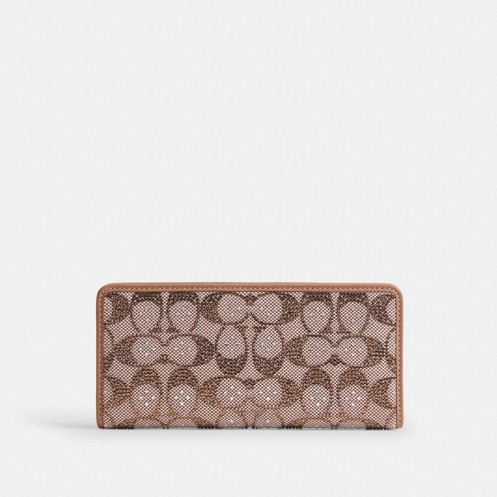 Coach Essential Slim Wallet In Crystal Signature Jacquard Brass/Mushroom