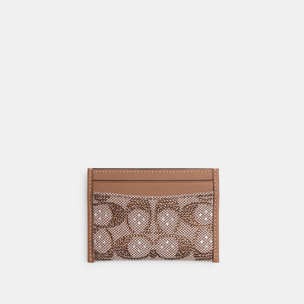 Coach Essential Card Case In Crystal Signature Jacquard Brass Mushroom