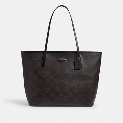 Coach Large City Tote Bag In Maxi Signature Canvas Gold Walnut Black
