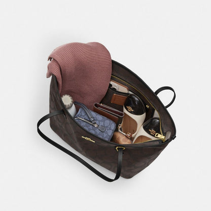 Coach Large City Tote Bag In Maxi Signature Canvas Gold Walnut Black