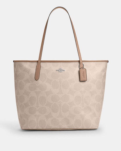Large City Tote Bag In Maxi Signature Canvas Signature Canvas-Silver-Sand-Taupe Signature Canvas-Silver-Sand-Taupe