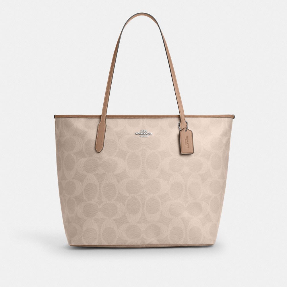 Coach Large City Tote Bag In Maxi Signature Canvas Silver Sand Taupe