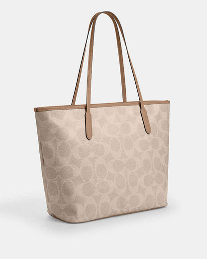 Large City Tote Bag In Maxi Signature Canvas Signature Canvas-Silver-Sand-Taupe Signature Canvas-Silver-Sand-Taupe