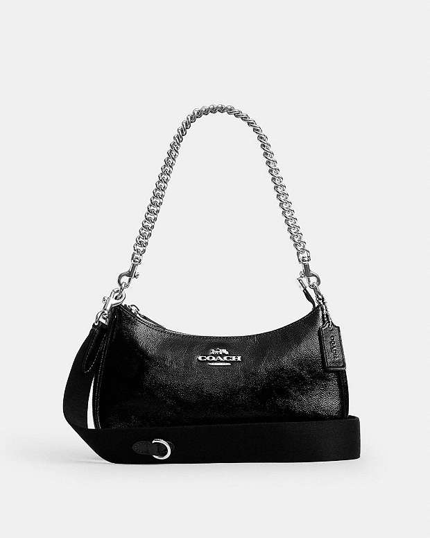Teri Shoulder Bag With Pouch Crinkle Leather-Silver-Black Crinkle Leather-Silver-Black
