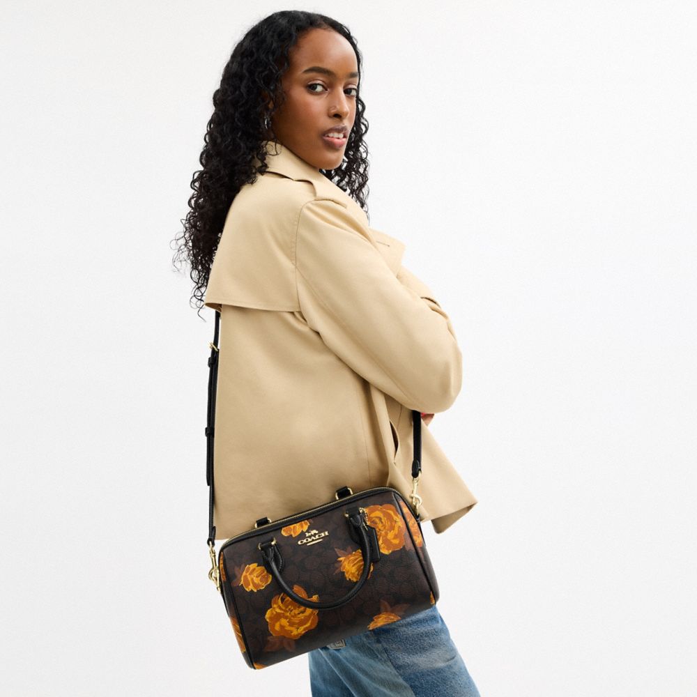 Coach Rowan Satchel Bag In Signature Canvas With Floral Print Im Walnut Black Multi
