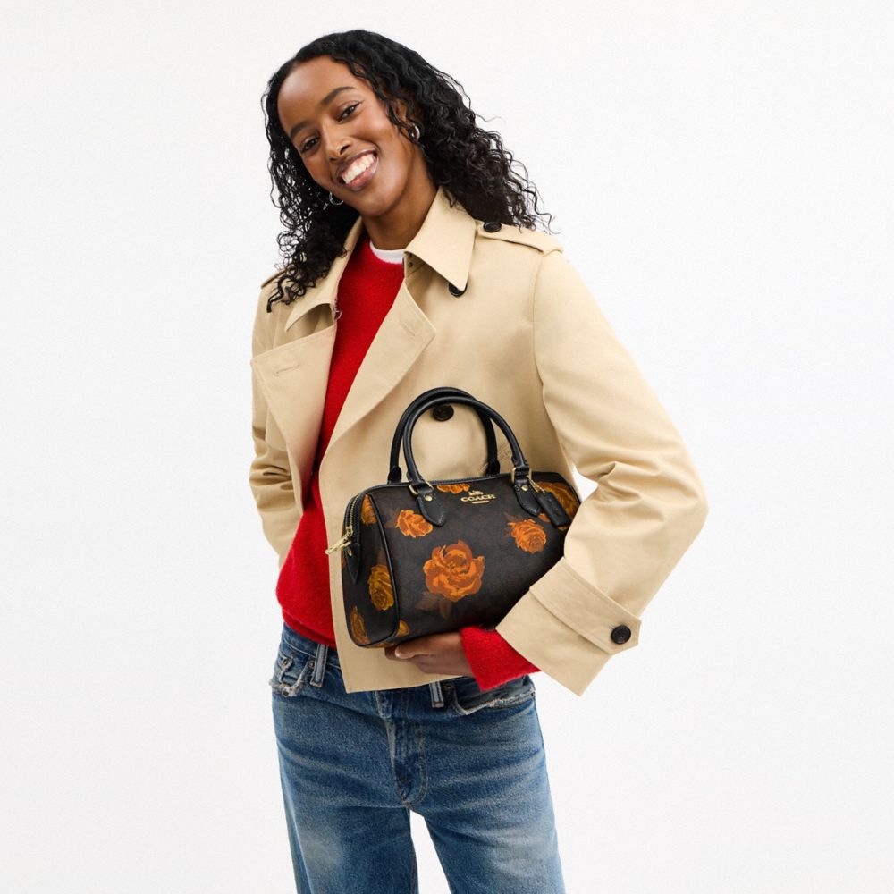 Coach Rowan Satchel Bag In Signature Canvas With Floral Print Im Walnut Black Multi
