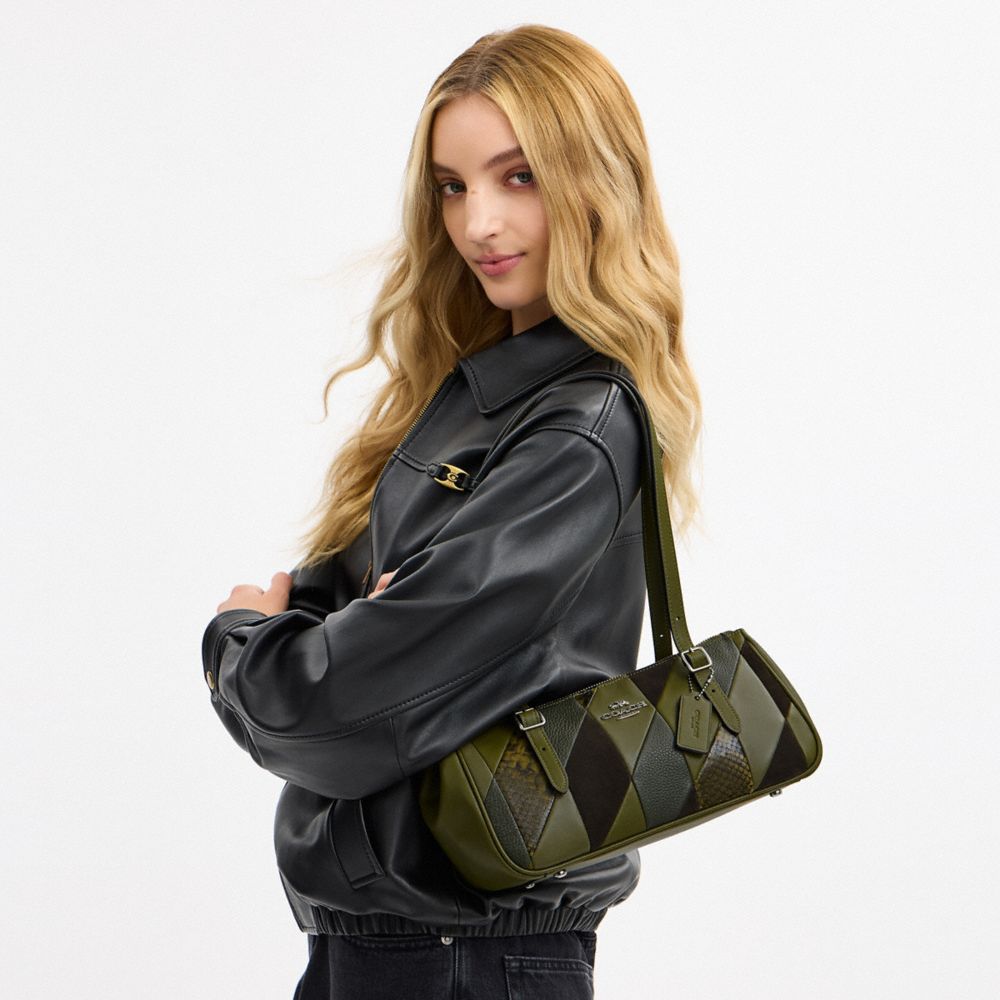 Coach Asher Shoulder Bag With Patchwork Gunmetal Olive Multi