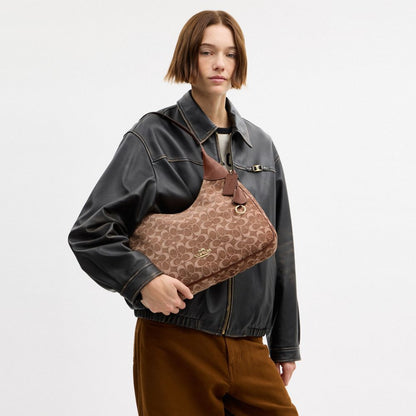 Coach Ella Shoulder Bag In Signature Chenille Gold Light Khaki Vintage Brown