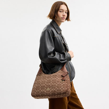 Coach Ella Shoulder Bag In Signature Chenille Gold Light Khaki Vintage Brown