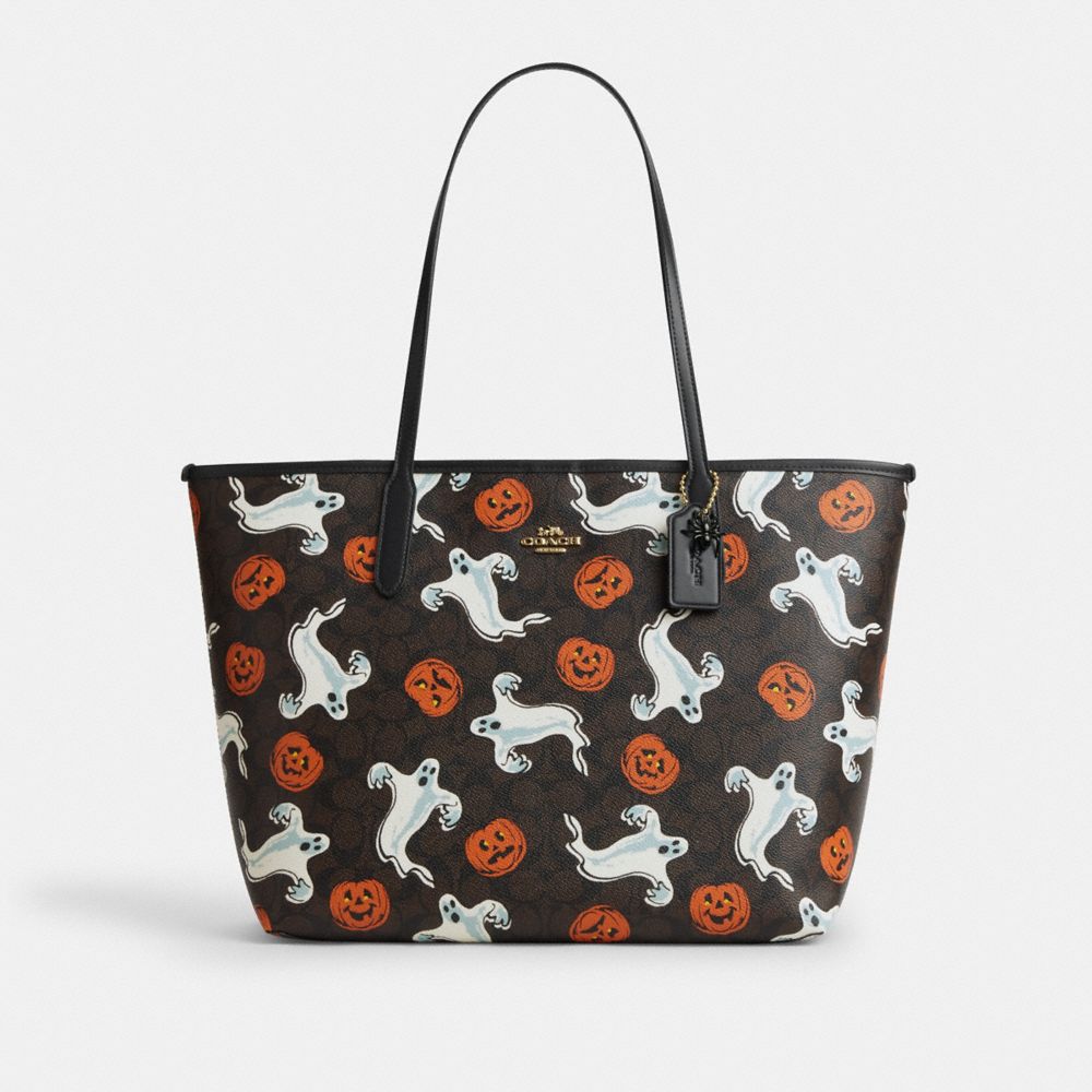 Coach City Tote Bag In Signature Canvas With Halloween Print Gold Walnut Multi
