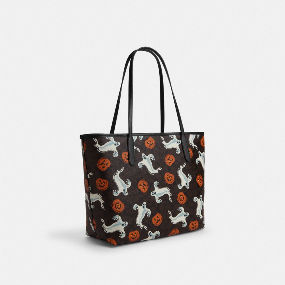 Coach City Tote Bag In Signature Canvas With Halloween Print Gold Walnut Multi