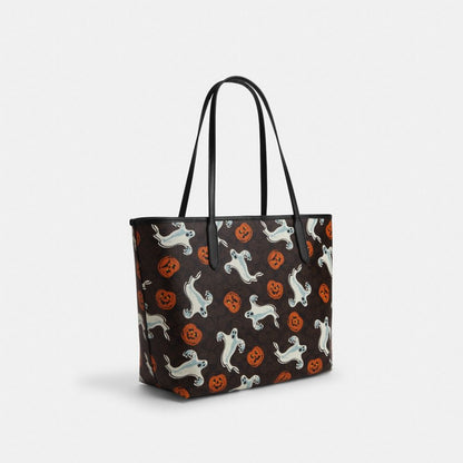 Coach City Tote Bag In Signature Canvas With Halloween Print Gold Walnut Multi