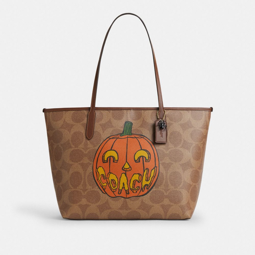 Coach City Tote Bag In Signature Canvas With Halloween Print Gold Tan Multi