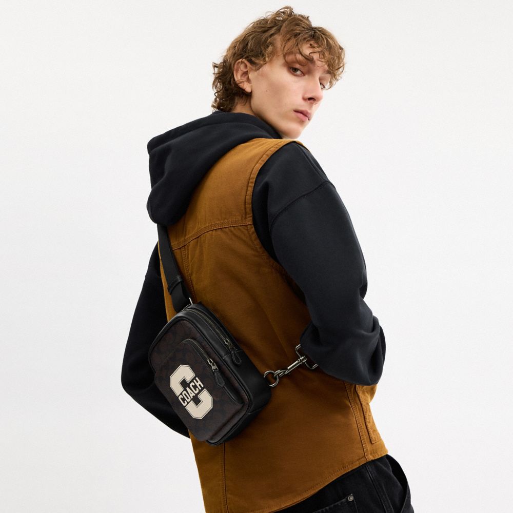 Coach Racer Sling Pack With Varsity Graphic Qb Walnut Multi