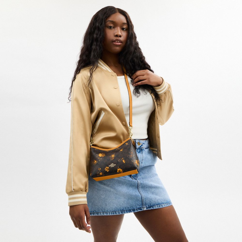 Coach Laurel Small Shoulder Bag In Signature Canvas With Floral Print Im Walnut Yellow