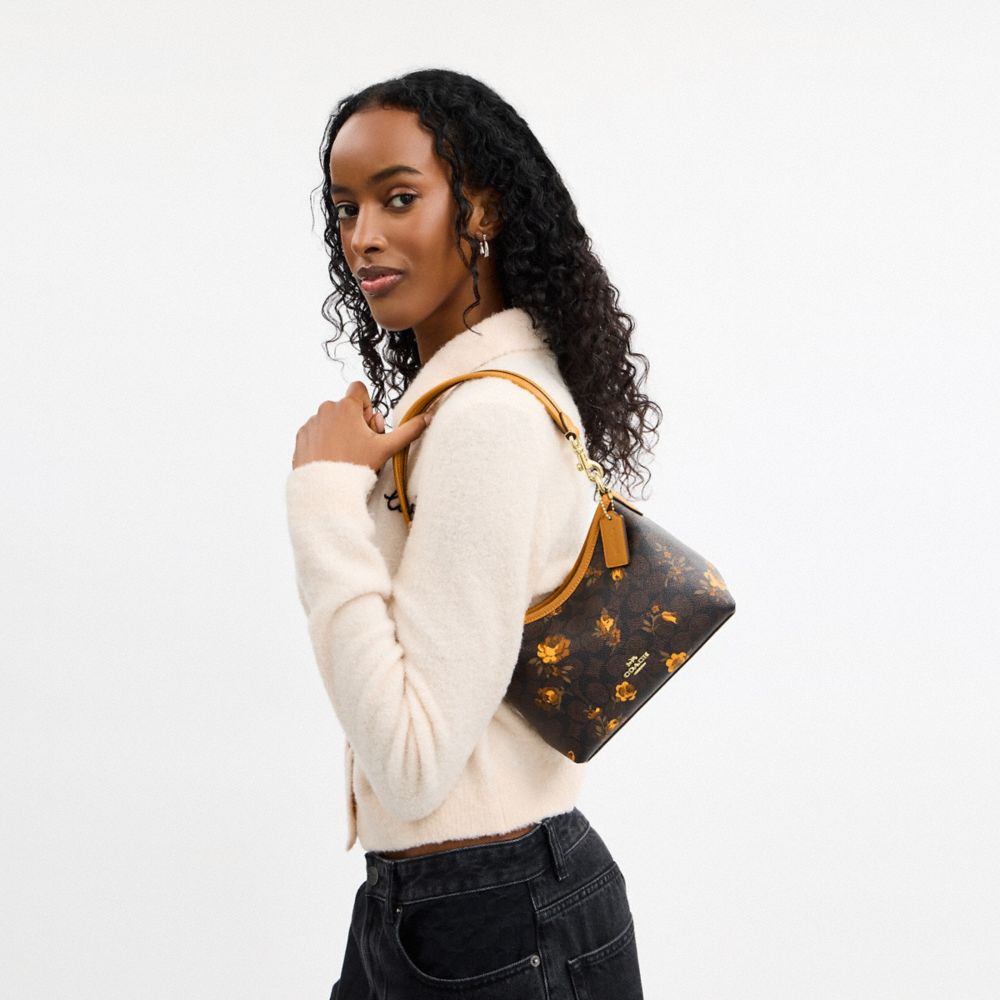 Coach Laurel Small Shoulder Bag In Signature Canvas With Floral Print Im Walnut Yellow