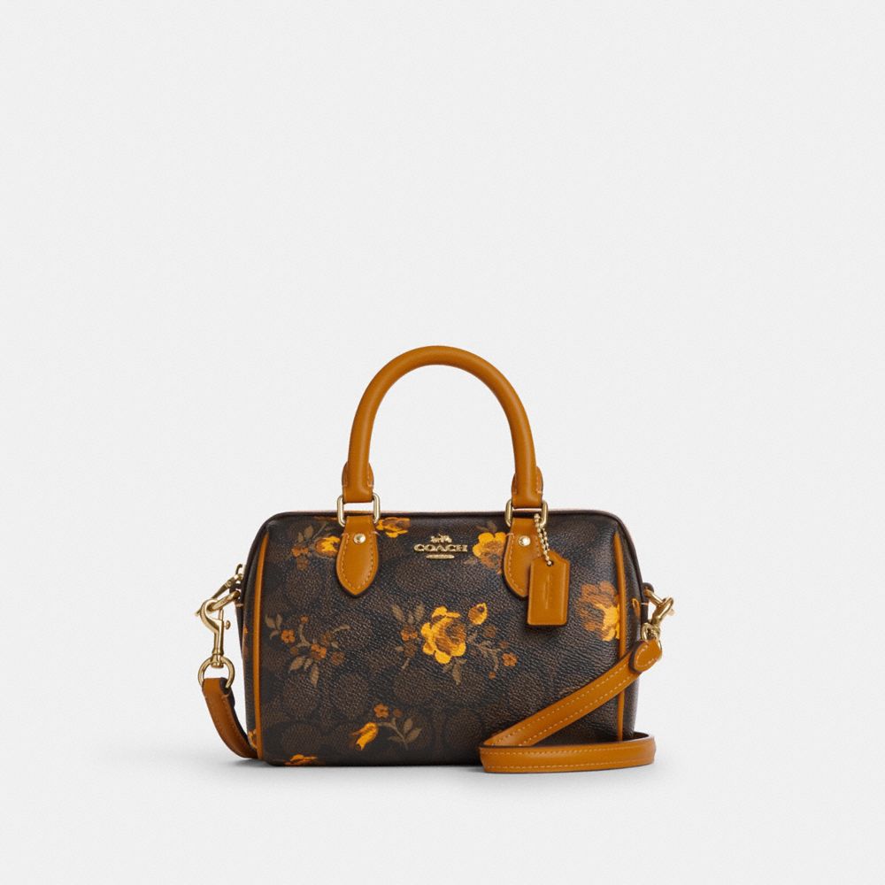 Coach Mini Rowan Crossbody Bag In Signature Canvas With Floral Print Im Walnut Yellow