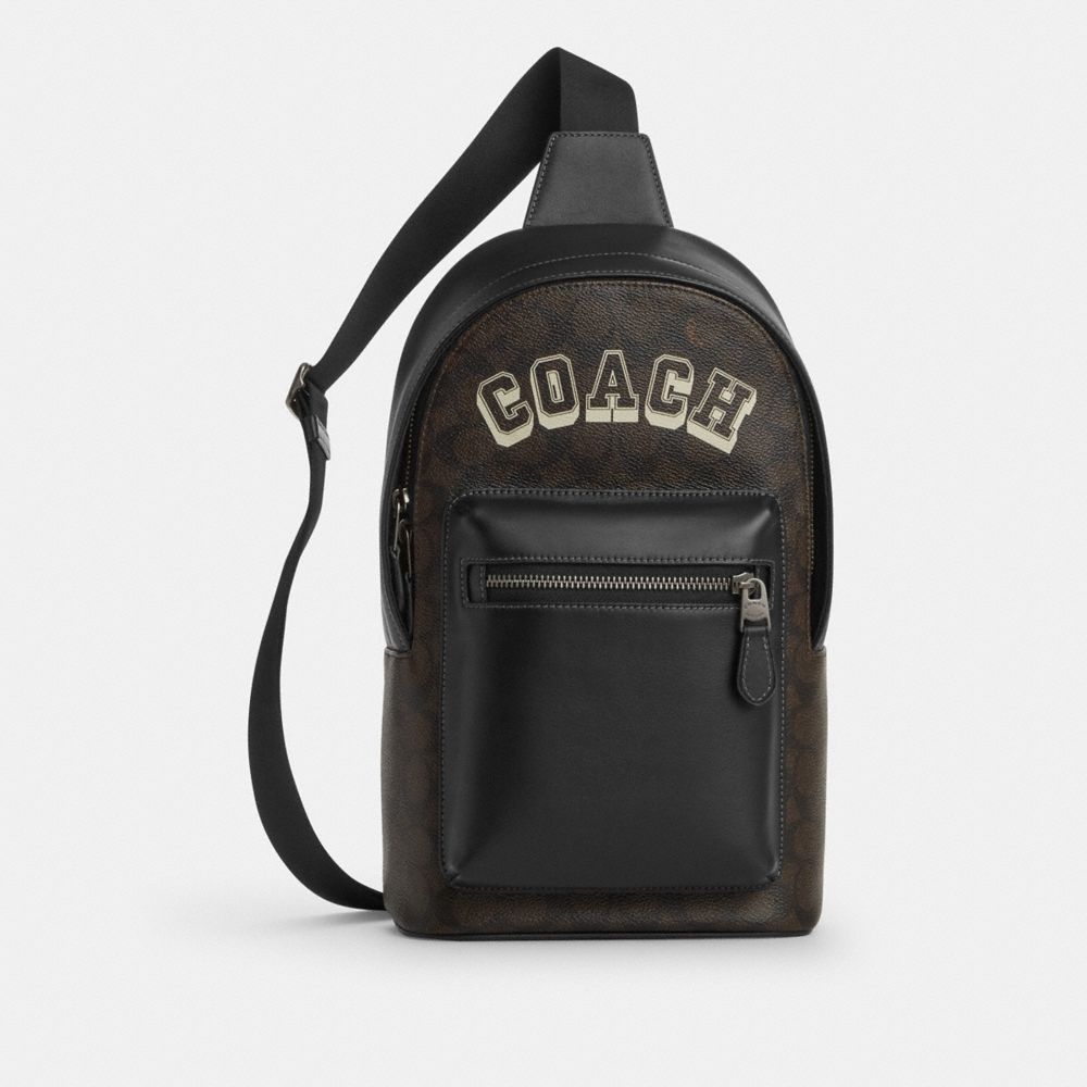 Coach West Pack In Signature Canvas With Varsity Graphic Qb Walnut Multi