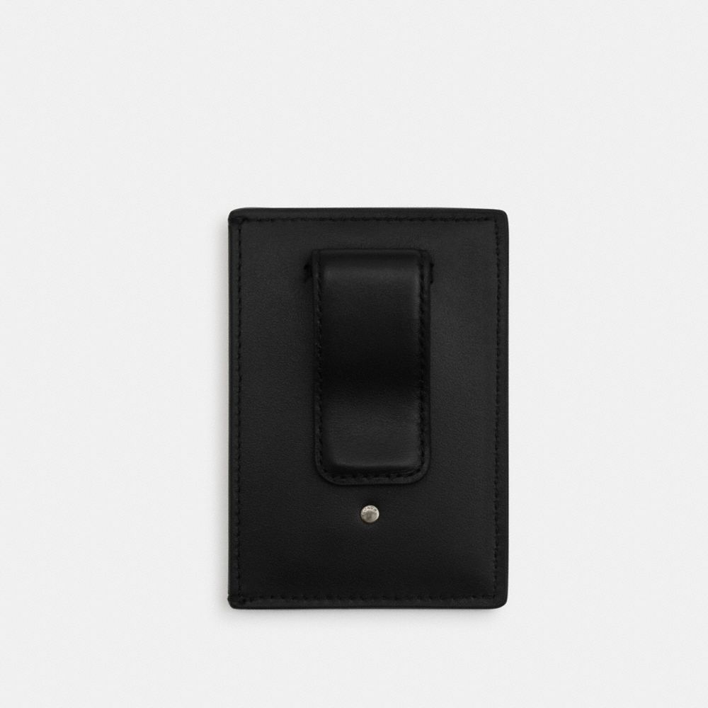 Coach Card Case With Money Clip In Signature Canvas Gunmetal/Charcoal/Black