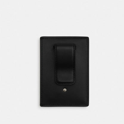 Coach Card Case With Money Clip In Signature Canvas Gunmetal/Charcoal/Black