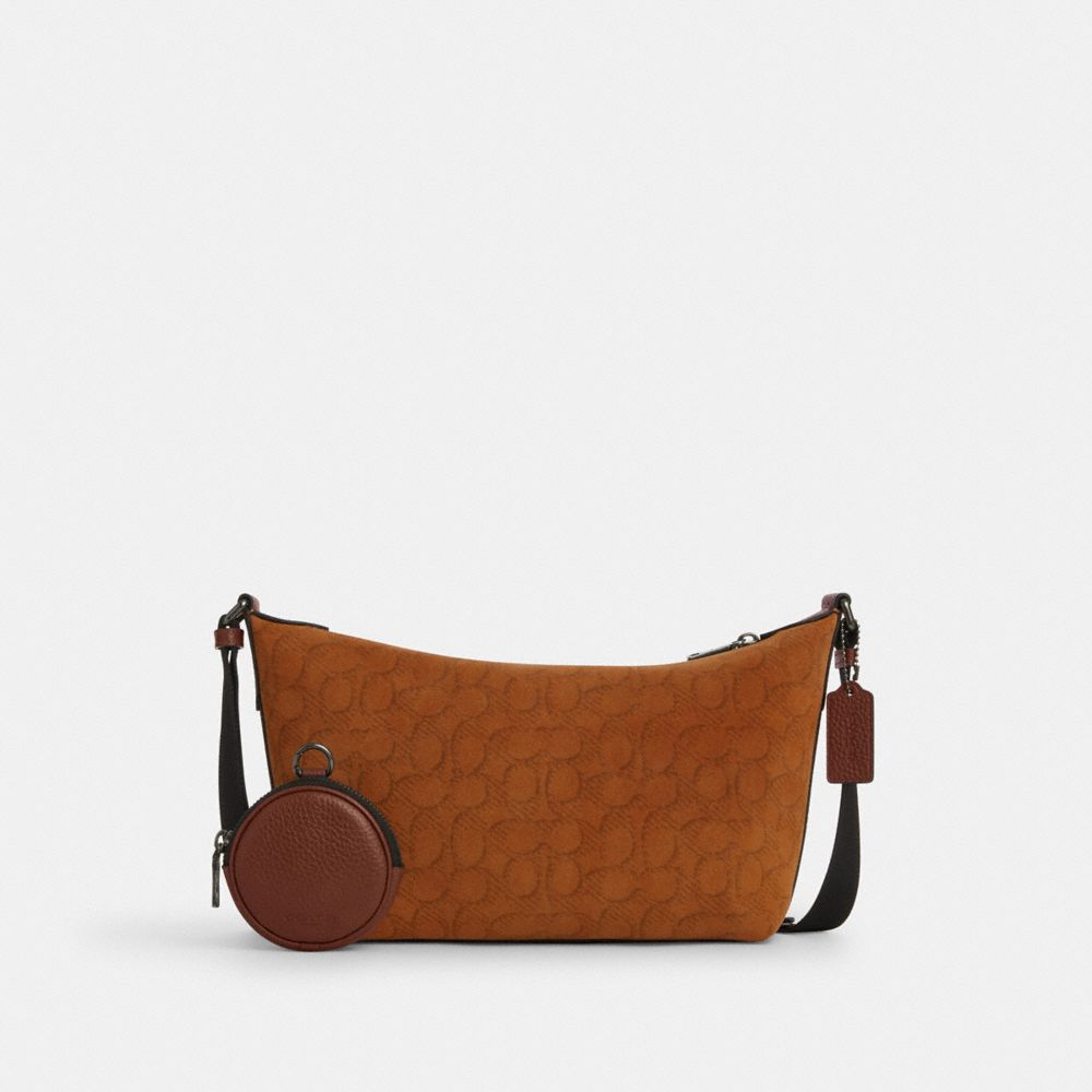 Coach Small Finn Crossbody Bag With Pouch In Signature Suede Qb Caramel Sable