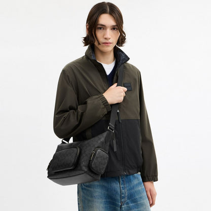 Coach Finn Crossbody Bag With Pockets In Signature Canvas Gunmetal Charcoal Black