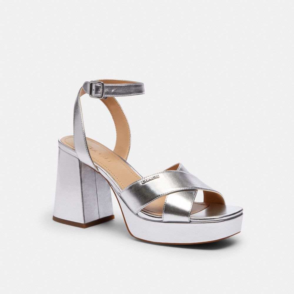 Coach Block Heel Sandal Metallic Silver